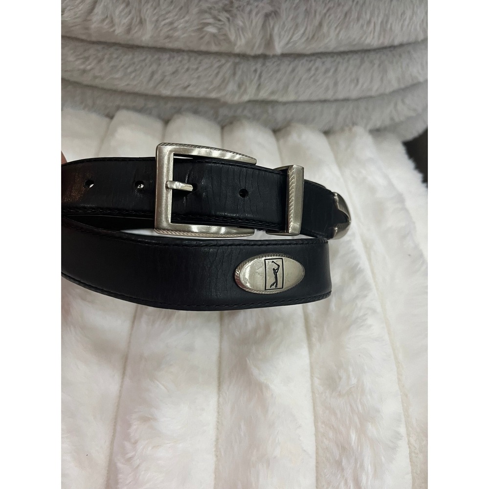 PGA Tour Leather‎ Golf Belt Mens Black Silver Buckle Medallion Good Condition